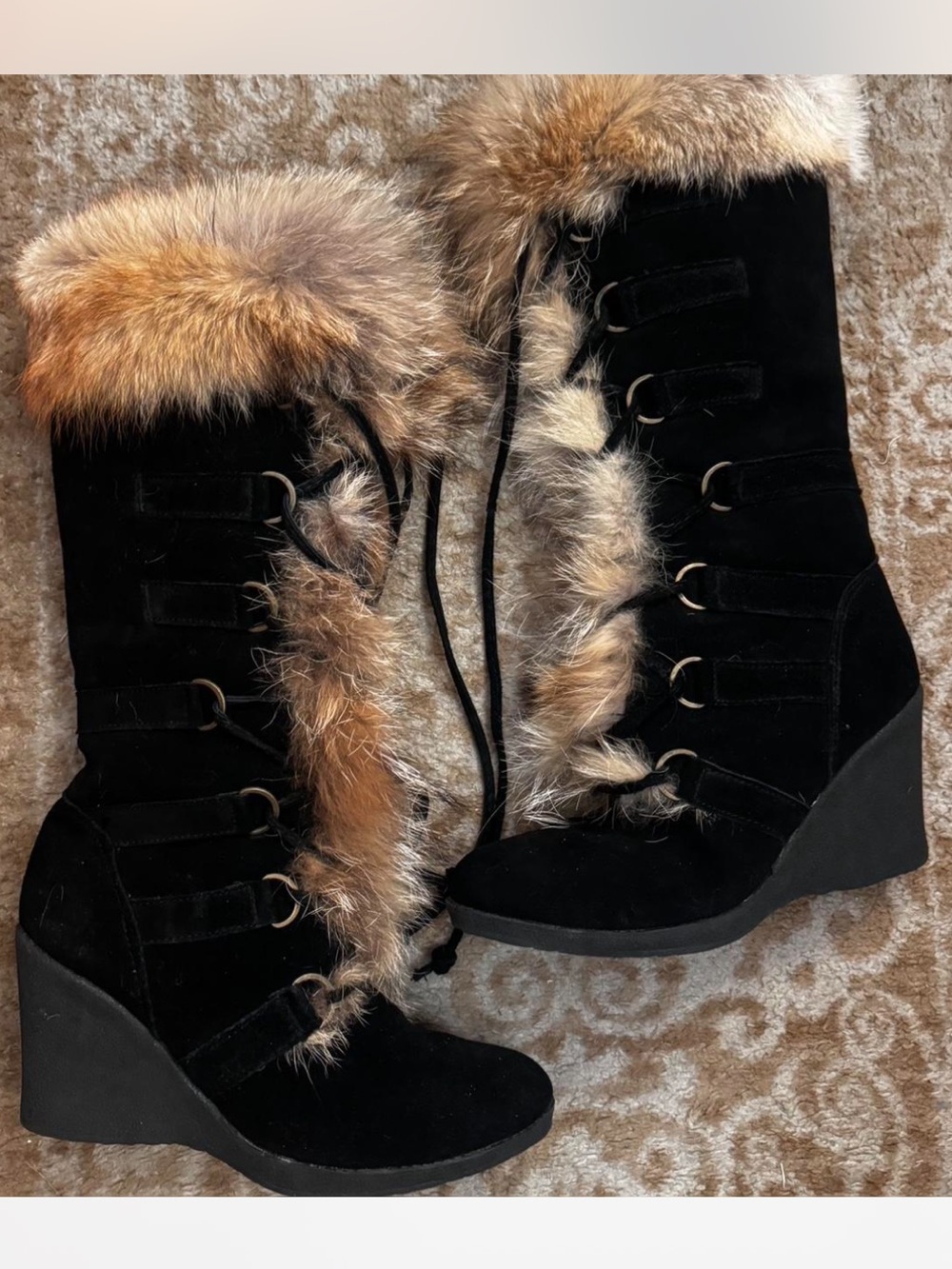 Y2K wedge fur boots bearpaw genuine suede chunky lace up rare